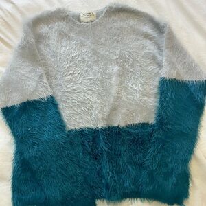 Zara Fuzzy Gray and Teal Sweater